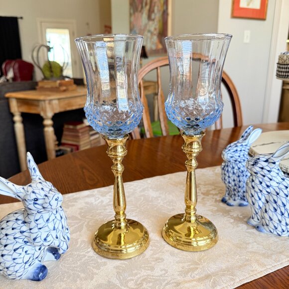 Vintage Other - Vintage Brass and Blue Glass Candle holders